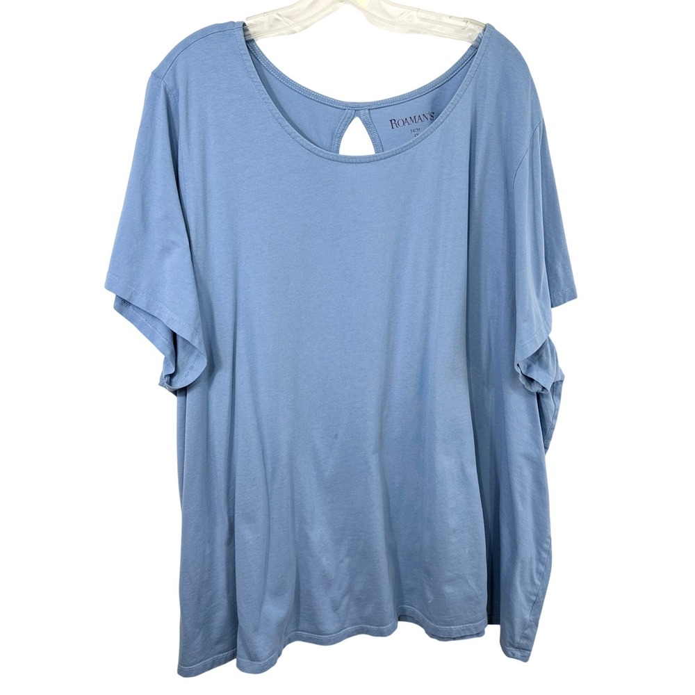 Roamans Plus Size 4X Top 34/36W Light Blue 100% Cotton Keyhole Short Sleeve 1474